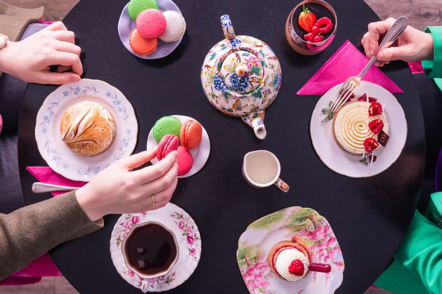 A table full of pastries, fruit and macaroons from Brigits Bakery