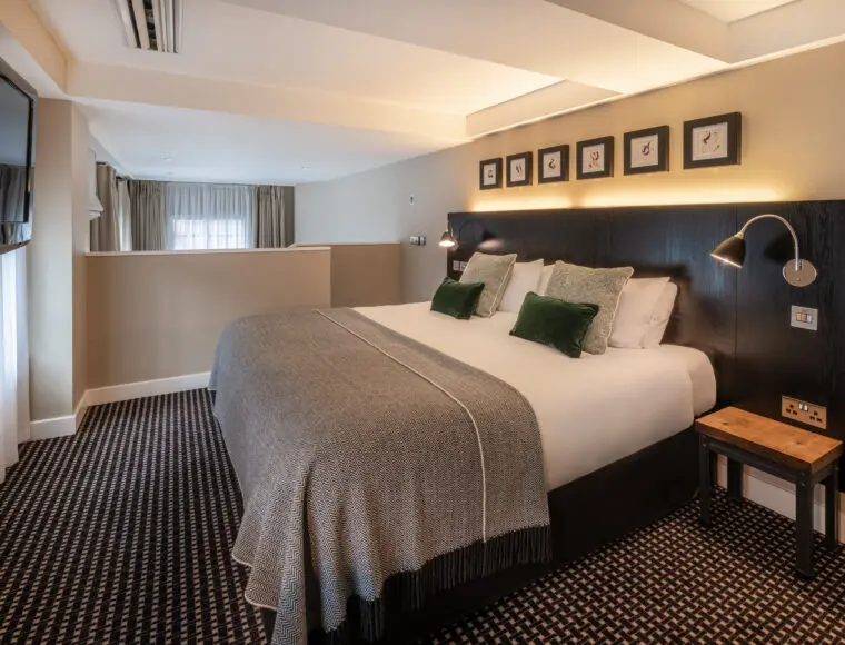 A junior sized suite, with a double bed, bedside tables and television.