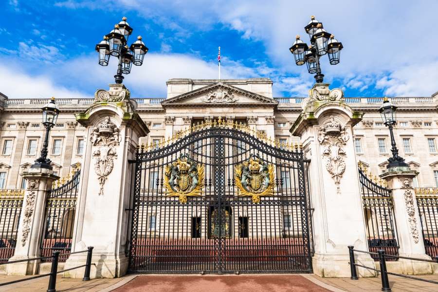 The front of Buckingham Palace.