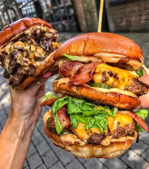 Large burgers, served by Red Dog Saloon.