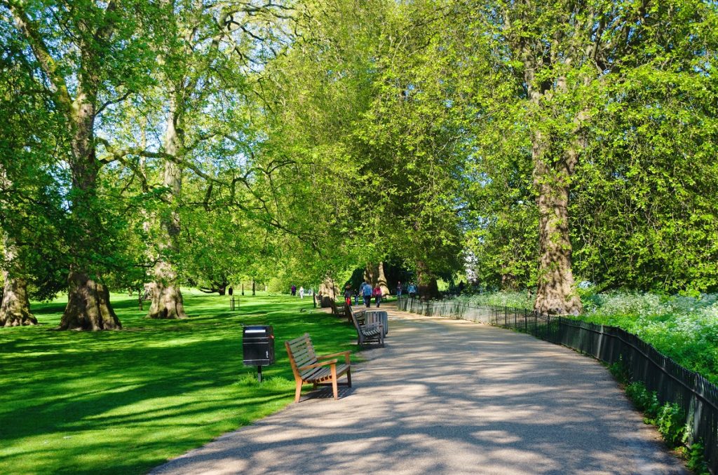 A walking pathway and benches at St James Park