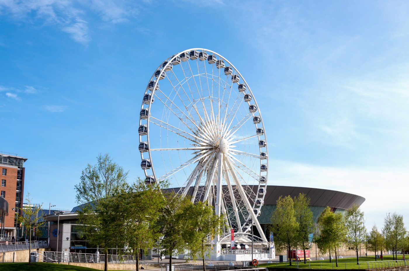 Ferris wheel of Liverpool is located near Echo Arena on Liverpool waterfront at Albert Dock