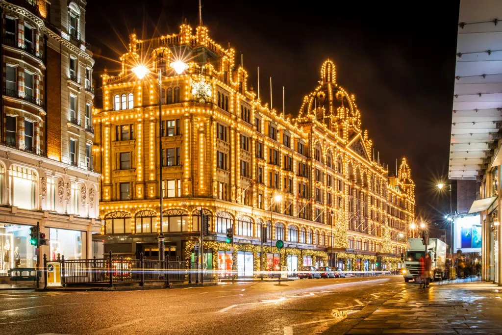 A building covered with lights, located in London.