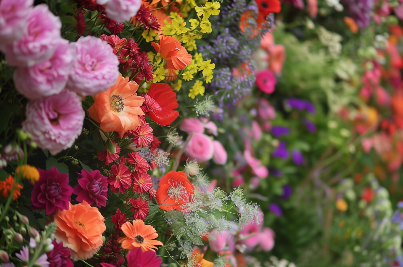 A colorful display at the Southport Flower Show features pink peonies, orange poppies, red and purple dahlias, and yellow blooms, all arranged densely and cascading downwards. This vibrant mix creates a lush, textured floral tapestry.