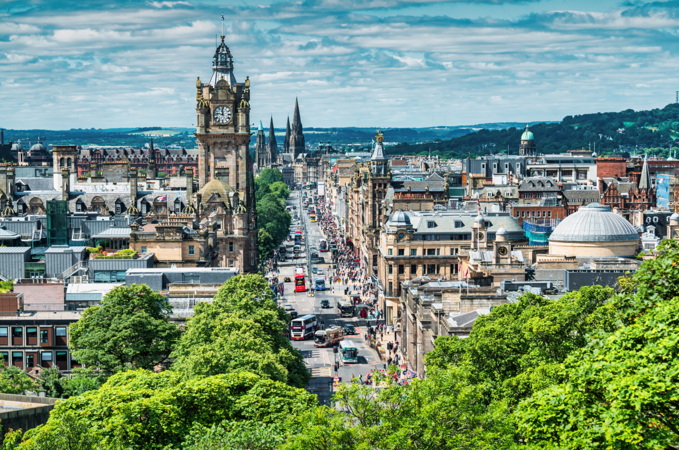 Aerial views of Edinburgh's tourist attraction: the Clock Tower on Prince's Street Edinburgh