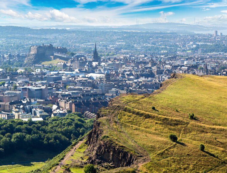 Views of Edinburgh from Arthur's Seat, a extinct Volcano on the edge of the city. This historical landmark is featured in One Day Netflix.