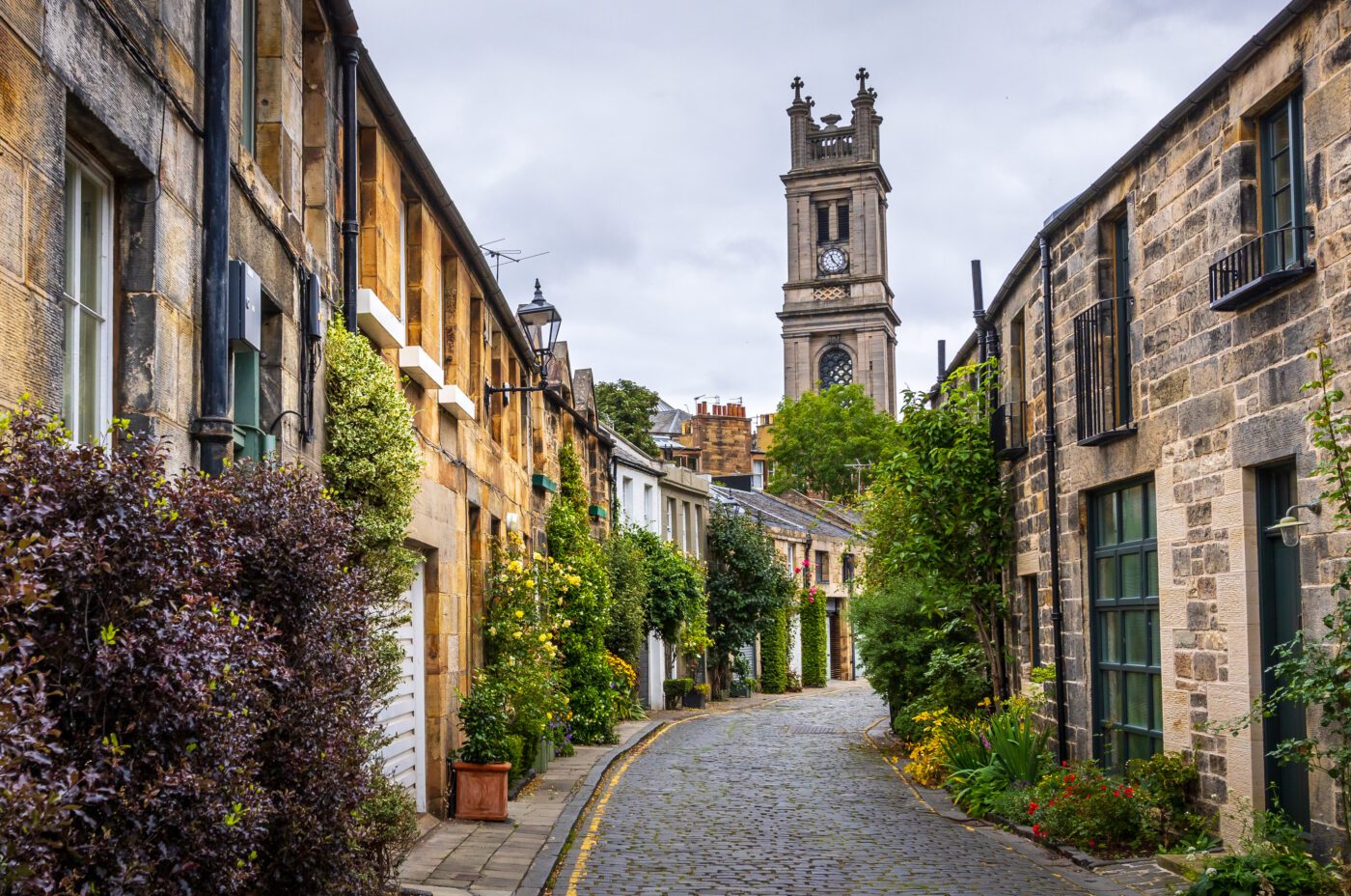 Circus Lane Edinburgh with St Stephen's Church Tower in background