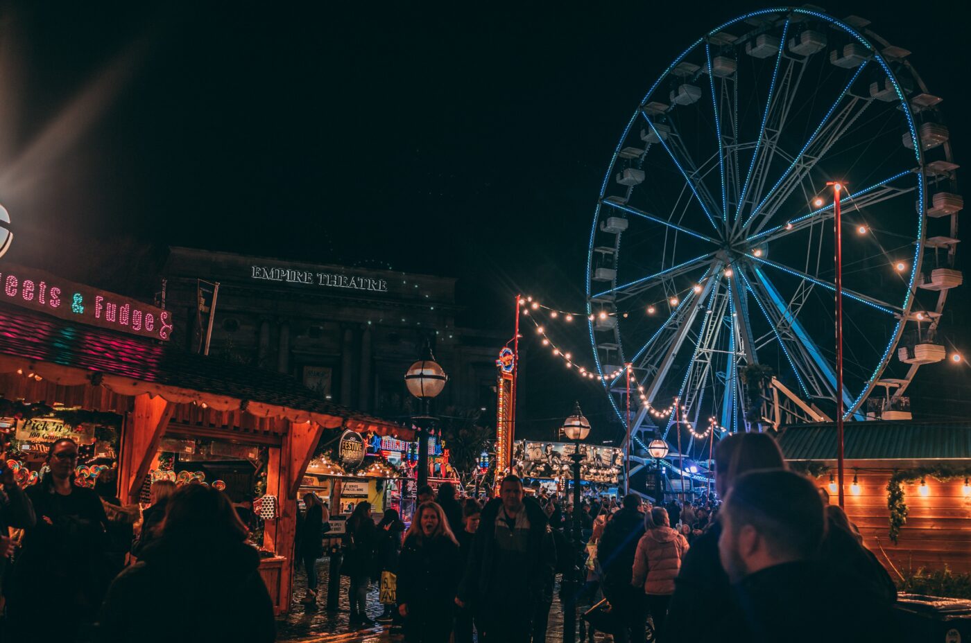 Liverpool Christmas Markets. German Christmas Market food and festive wheel.