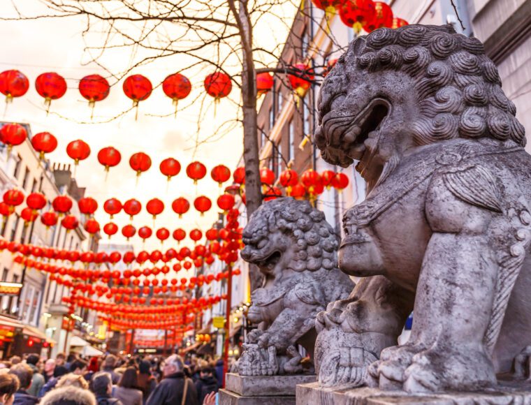 Stone lions as London Soho, Chinese new year