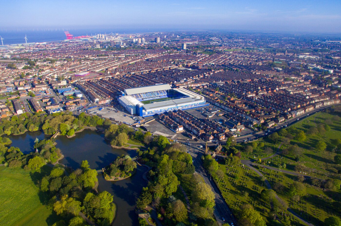 Everton Football Club - taken from above with view over the Goodison Park, Everton, Walton, in outer Liverpool areas. Cloudless blue sky on a non match day.