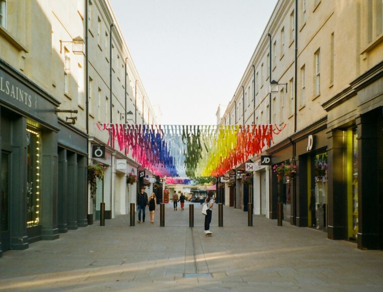 Shopping street decorated for London Pride