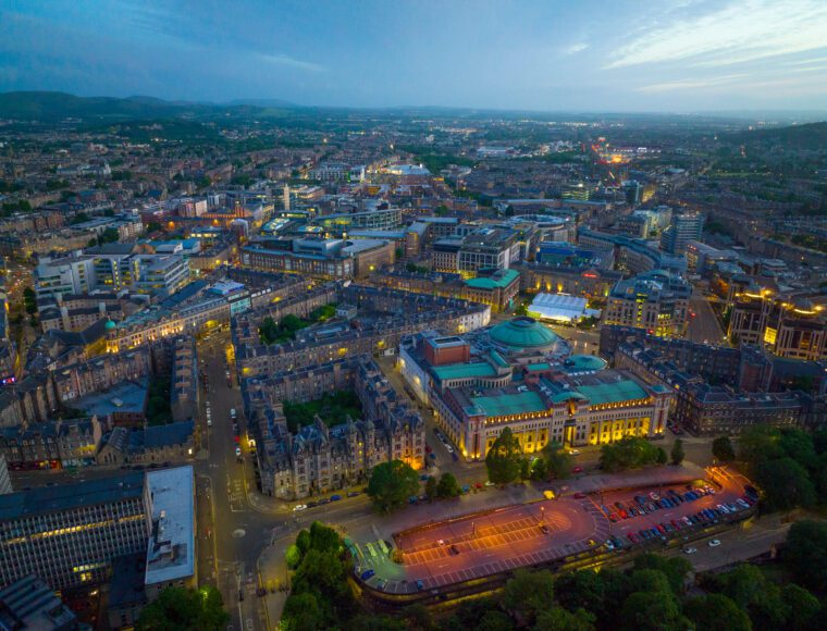 New Town aerial view including Saltire Court and Usher Hall at sunset in Edinburgh, Scotland, UK. New town Edinburgh is a UNESCO World Heritage Site since 1995. Home to the Childrens Classic Concerts Halloween Performance