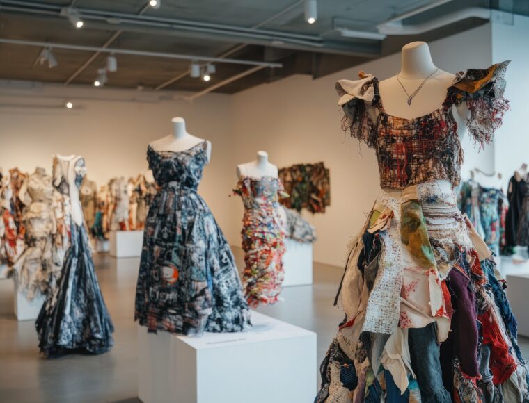 A gallery displays mannequins wearing colorful, artistic dresses made from various fabrics and materials. The room is well-lit, with dresses creatively designed, featuring textures and patterns, arranged on pedestals in a spacious area.