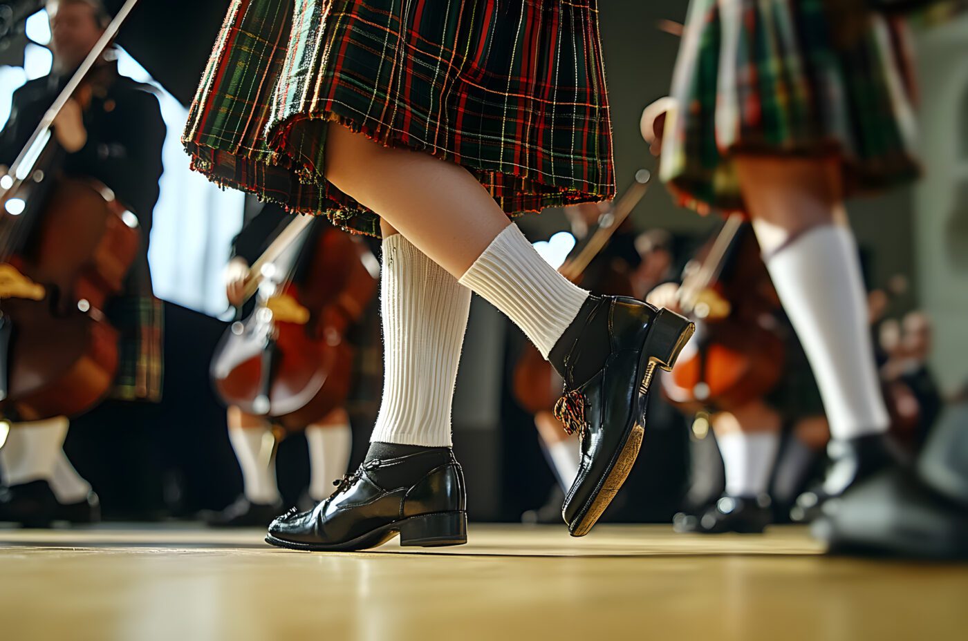 Close-up of dancers celebrating Burns Night in traditional Scottish kilts and shoes performing on stage. Their white socks and shiny black shoes are visible, with a blurred background of string musicians playing cellos.