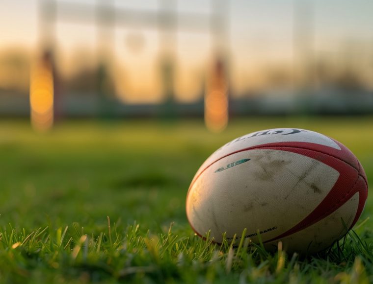 A rugby ball rests on a grassy field at sunset, with goalposts visible in the blurred background. The warm glow of the sun casts a serene light over the scene.