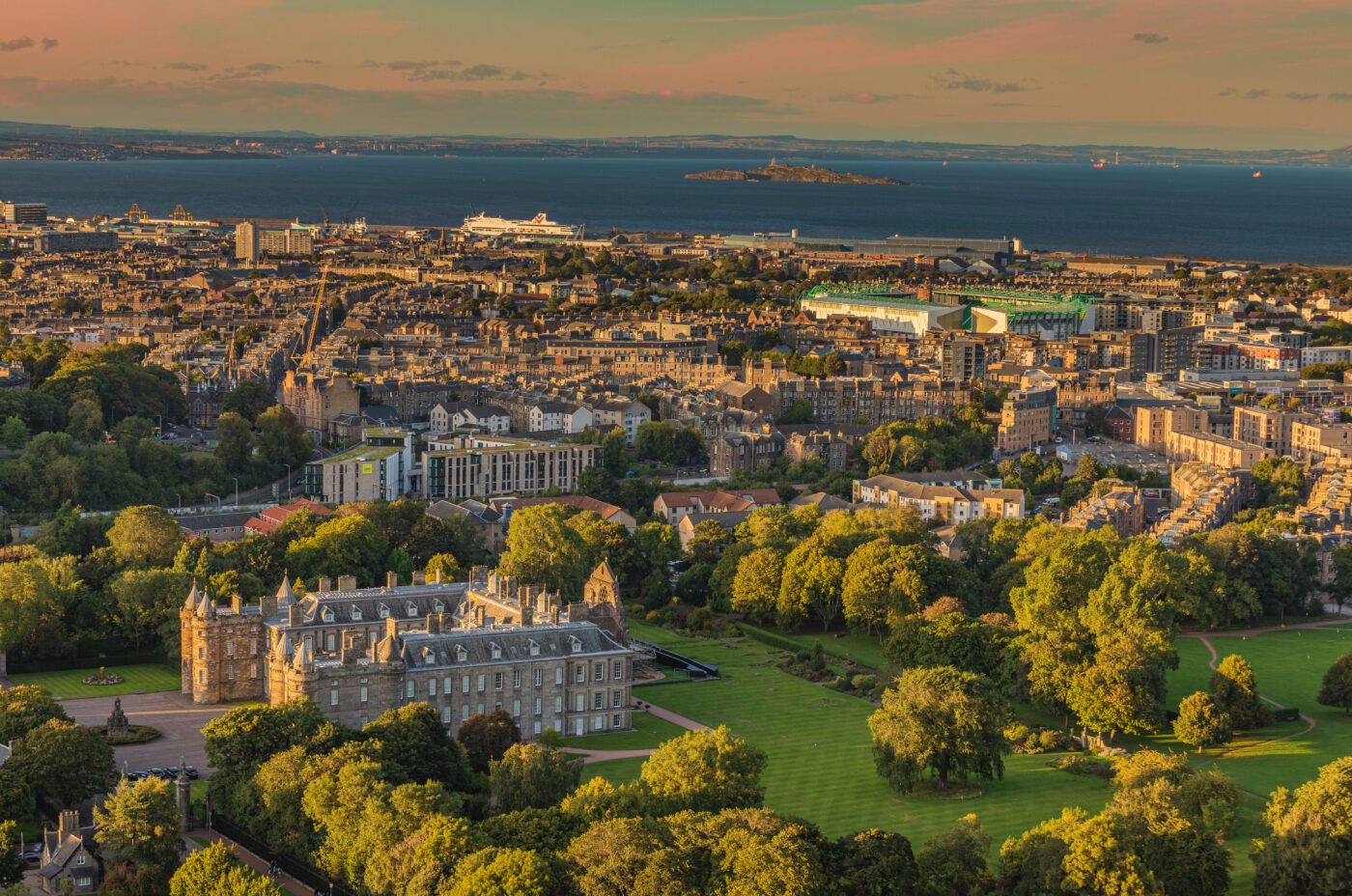 Holyrood Palace and Leith at sunset.