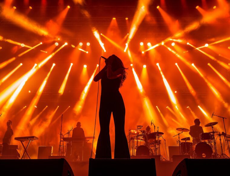 A silhouette of Dua Lipa at Anfield Stadium