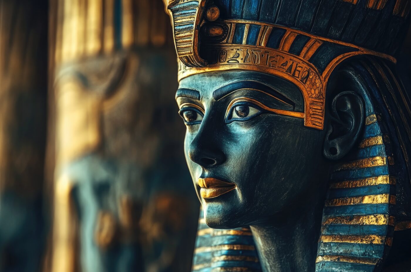 A close up of an Egyptiajn statue at the Tutankhamun VR Experience at Royal Docks, London