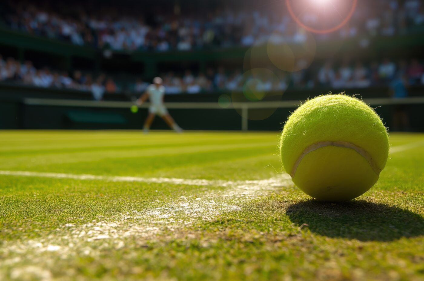 A tennis ball is in the foreground on a grass court with a blurred tennis player in the distance, framed by a sun flare and a crowd in the background.