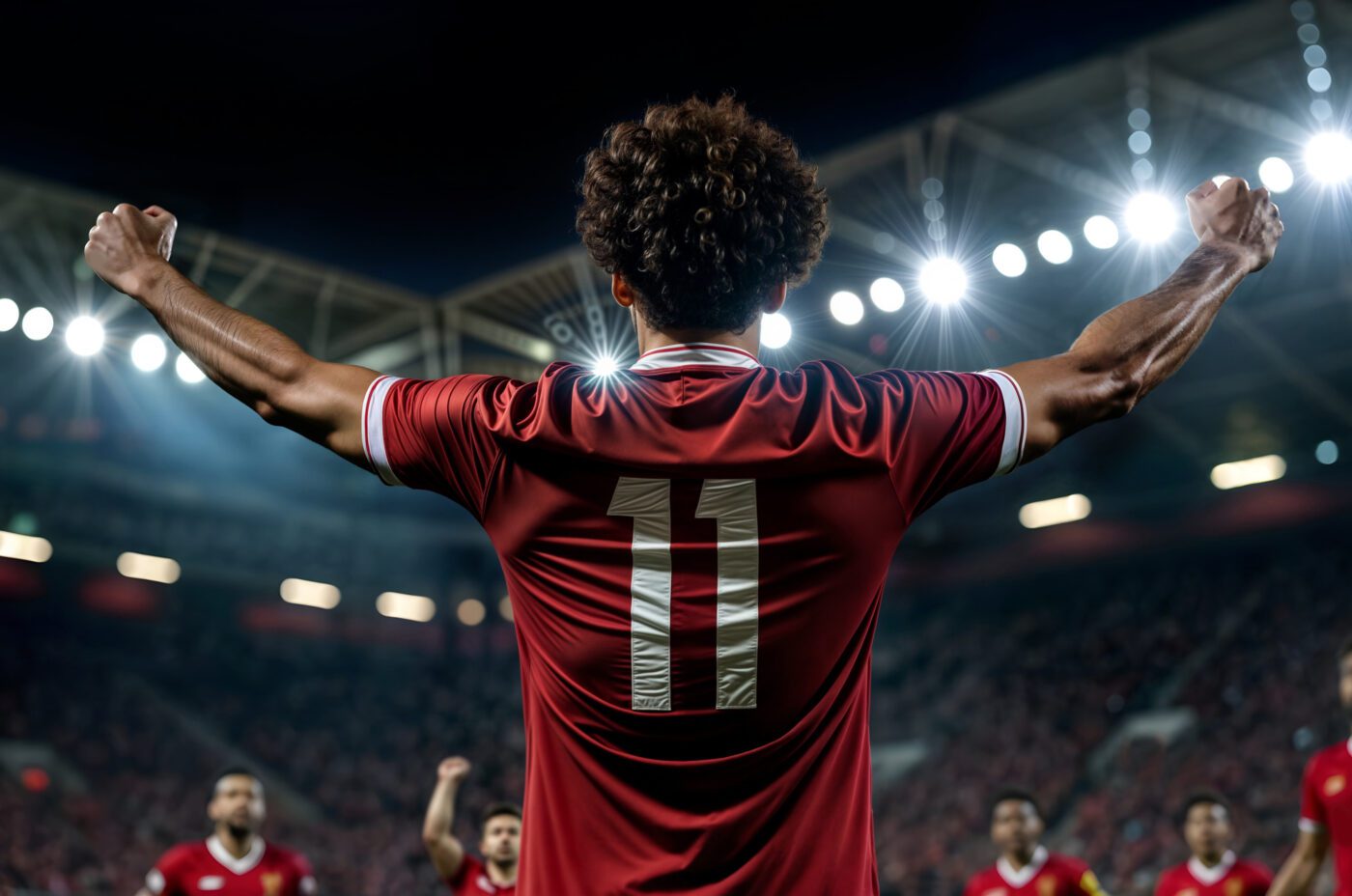 A soccer player wearing a red jersey with the number 11 raises his arms in wicked celebration on a brightly lit stadium field, with teammates and a cheering crowd in the background.