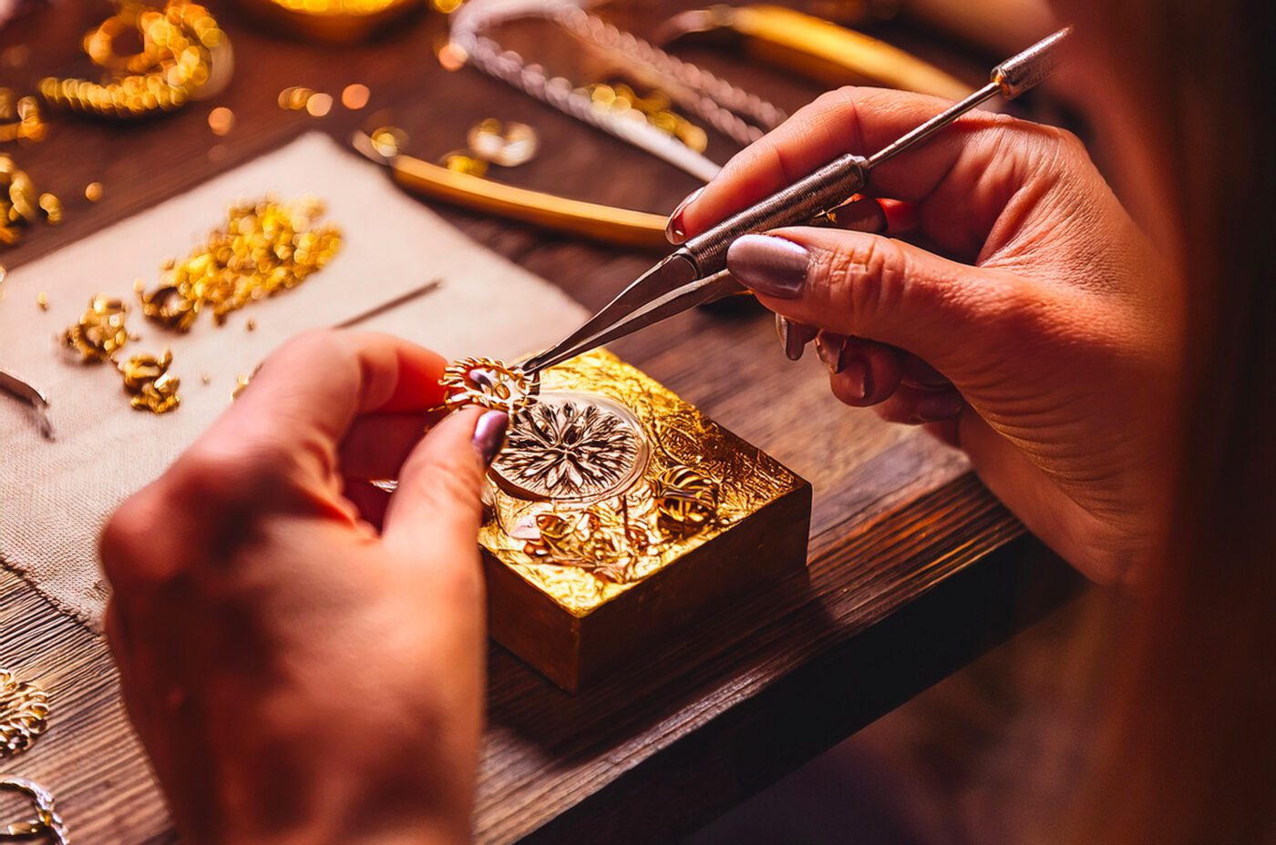 Close-up of hands assembling wicked intricate jewelry using small tools on a workbench, with gold pieces, beads, and finished jewelry visible in the background.