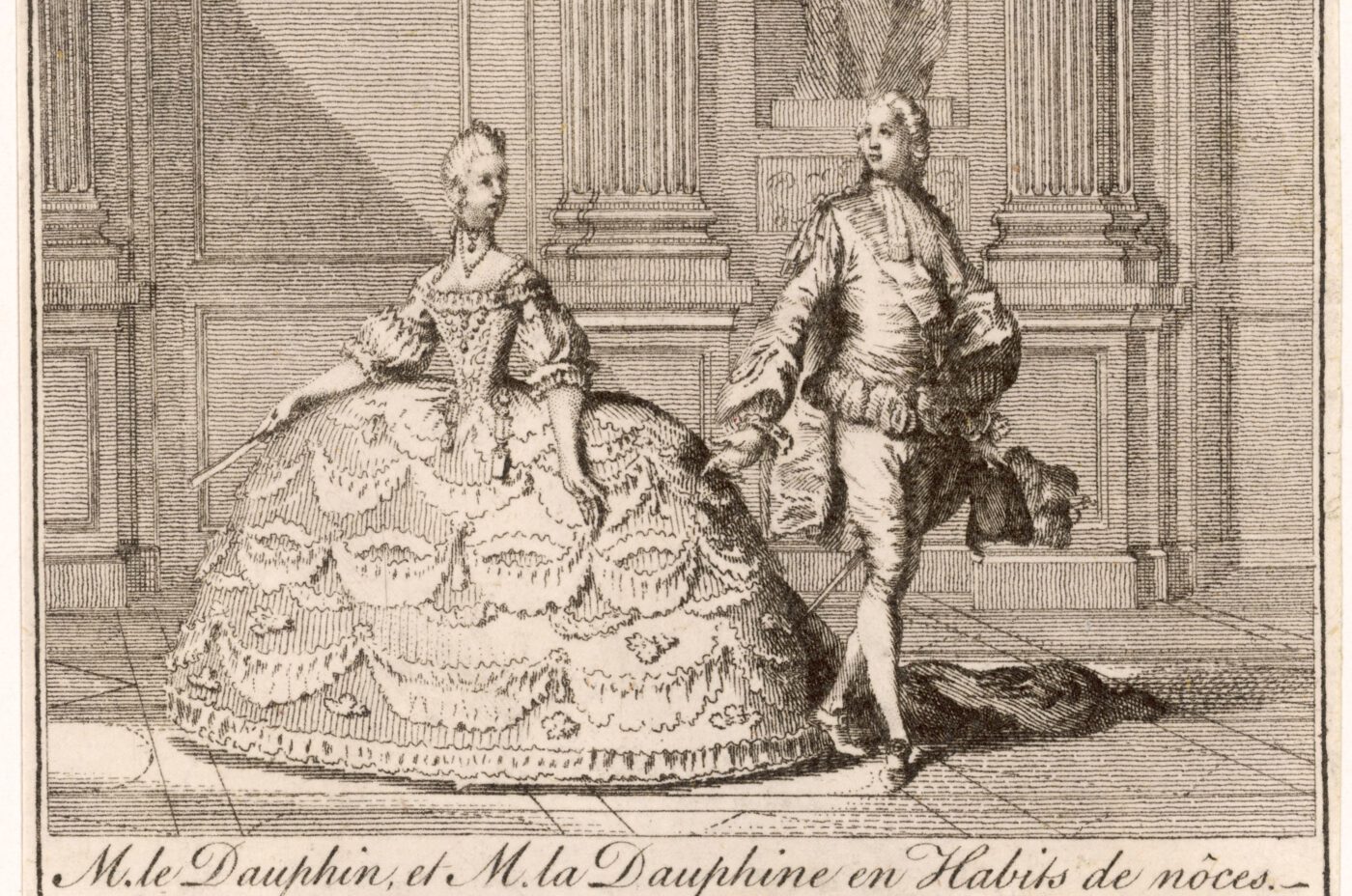 An engraving of a man and woman in elaborate 18th-century wedding attire stands in an ornate hall, evoking the elegance of a Kew Fete. The woman wears a decorated gown; the man, coat and breeches. French text appears below the image.