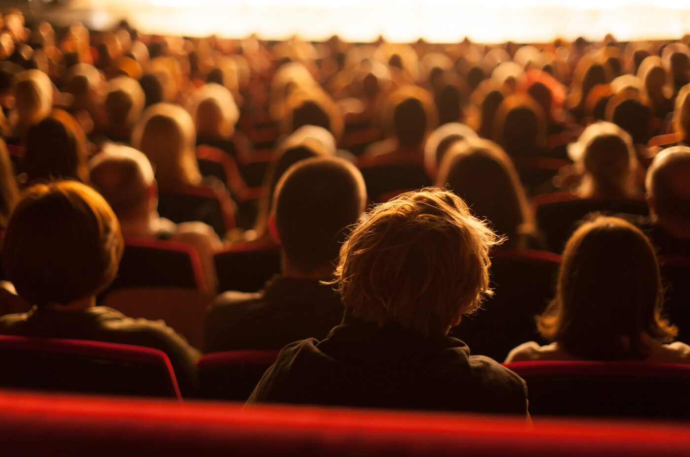 A blurred audience sits in rows of theater seats at a Jazz Festival, facing a brightly lit stage. The focus is on the back of a person with light brown hair in the foreground.