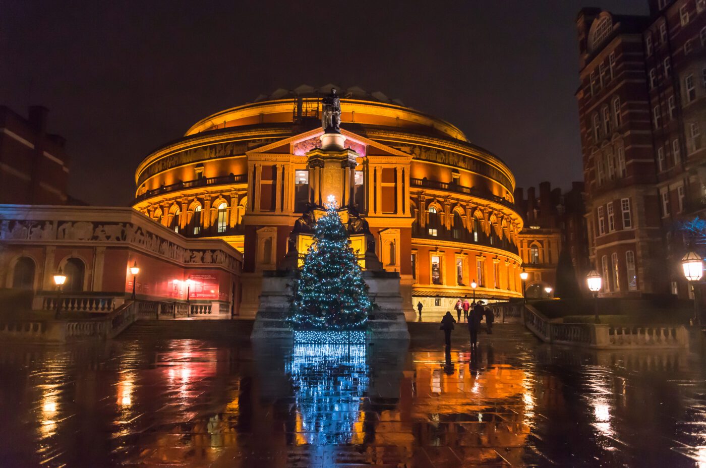 A decorated Christmas tree with blue lights stands in front of the illuminated Royal Albert Hall at night, reflected on the wet pavement. Two people are visible near the tree.